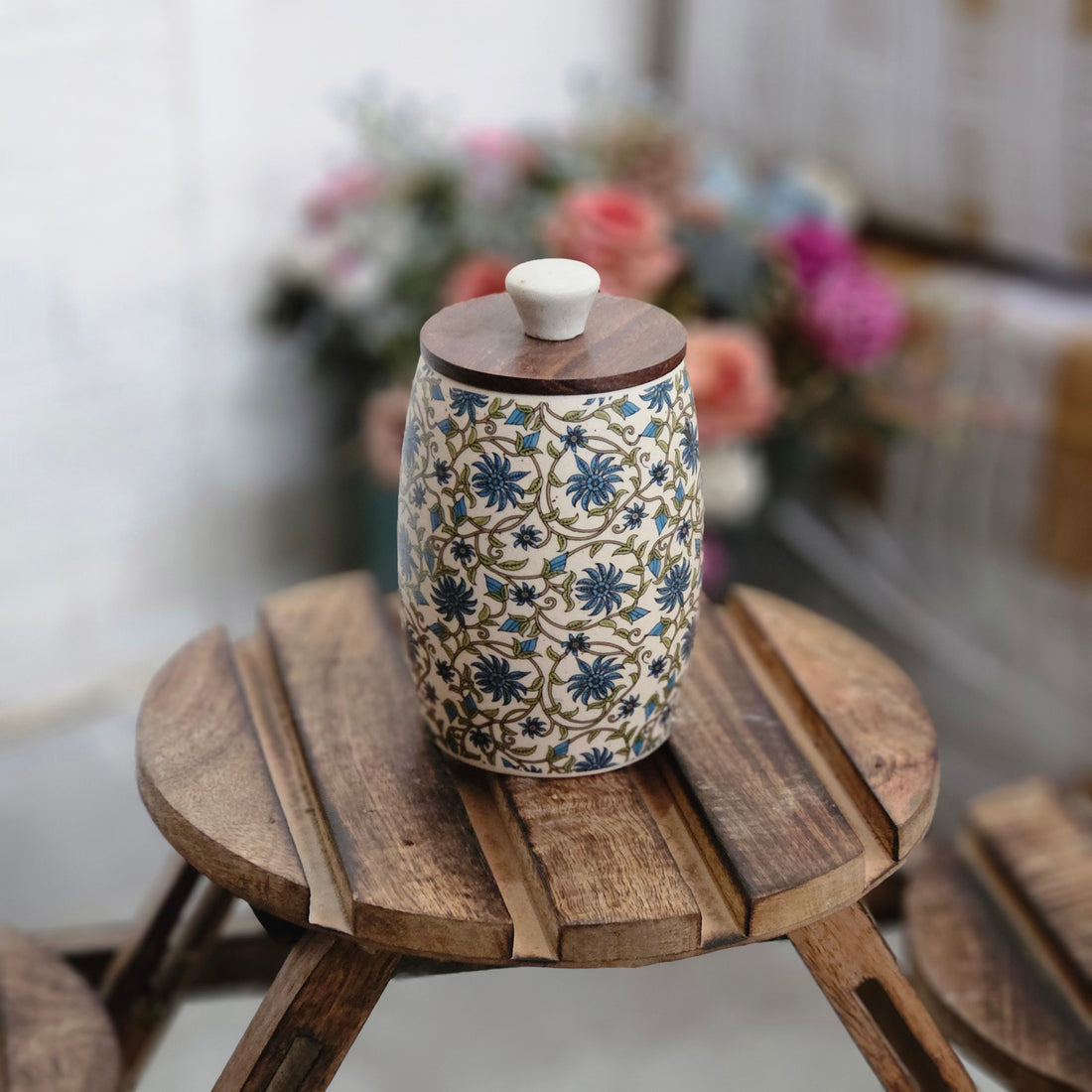 Blue decal print Cylinder Air Tight Jar – 400ml