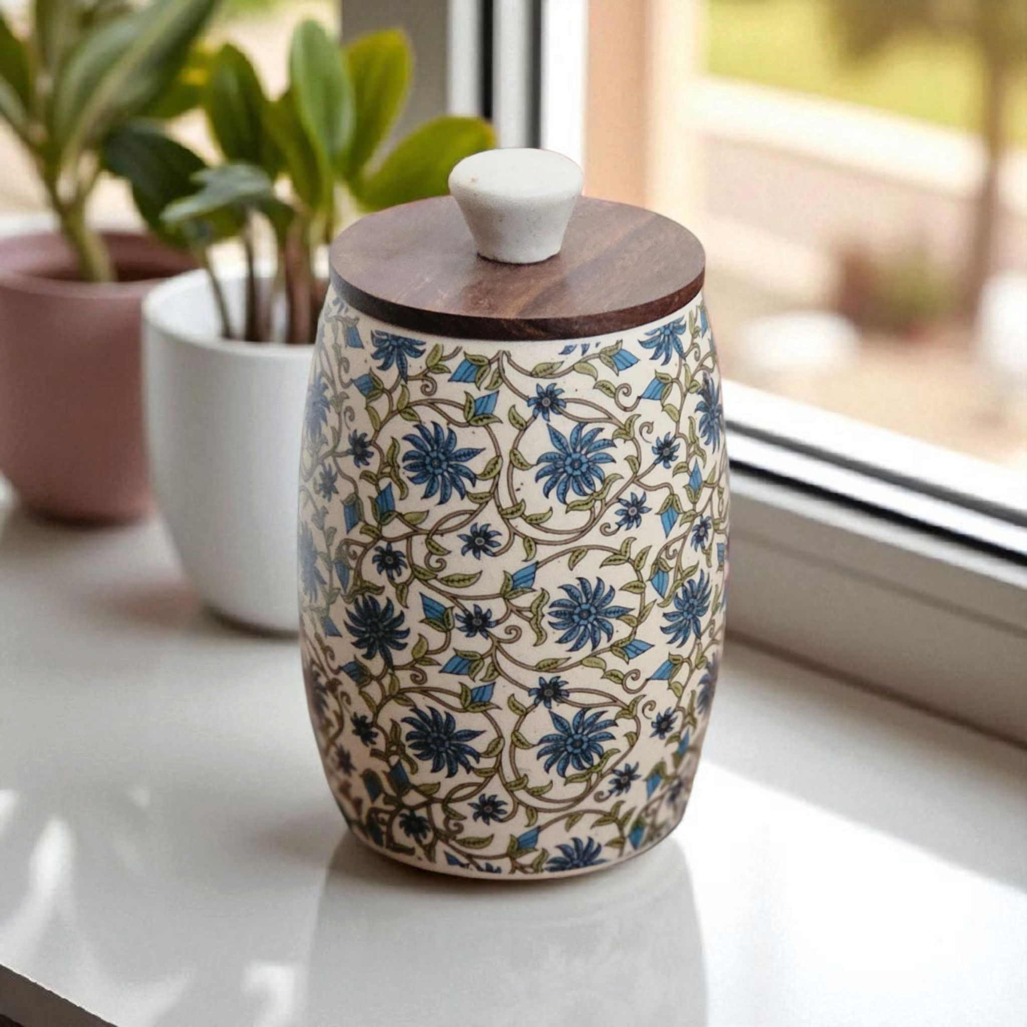 Blue decal print Cylinder Air Tight Jar – 400ml