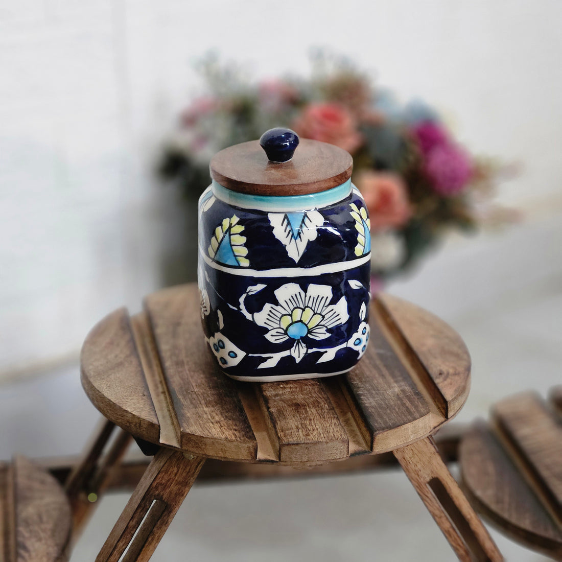 Air Tight Blue Mughal Painting Square Jar – 500ml