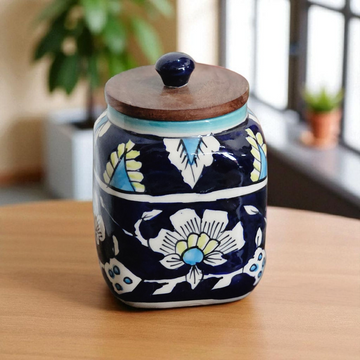 Air Tight Blue Mughal Painting Square Jar – 500ml
