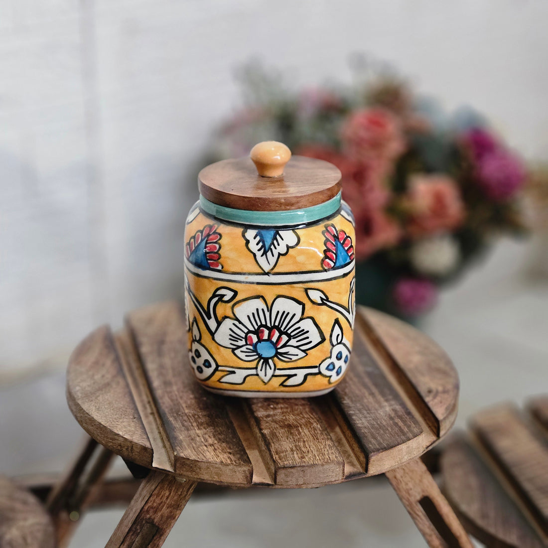 Air Tight Yellow Mughal Painting Square Jar – 500ml