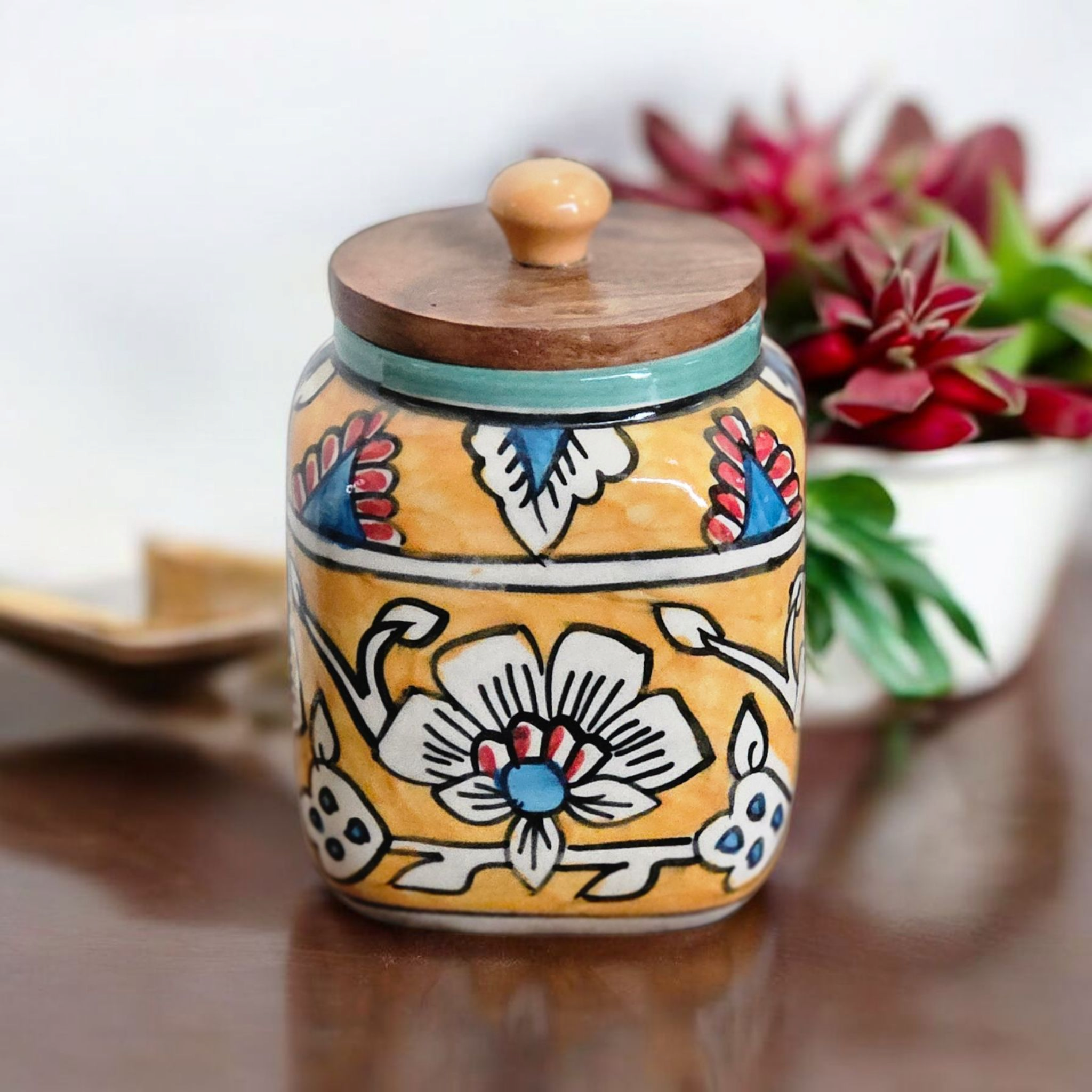 Air Tight Yellow Mughal Painting Square Jar – 500ml