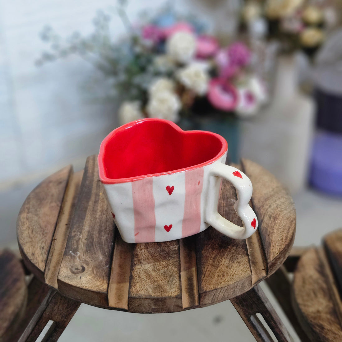 Red Heart Shape Pink Stripe Mug – 320ml