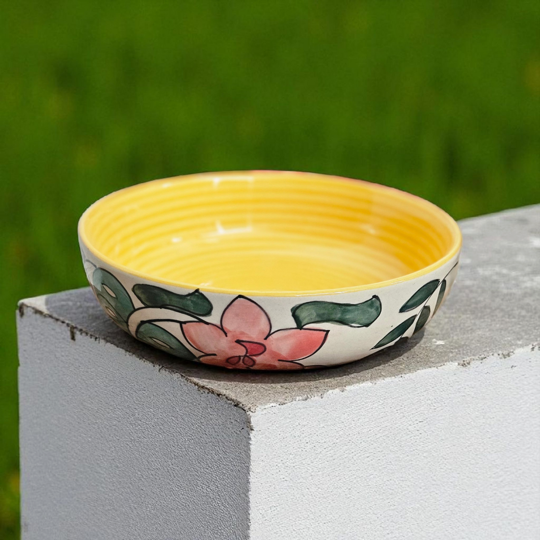 Yellow Pasta Bowl with Pink Flower – 7 Inch 🌸