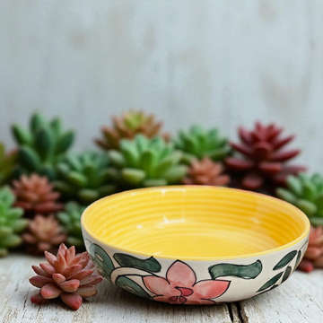 Yellow Pasta Bowl with Pink Flower – 7 Inch 🌸