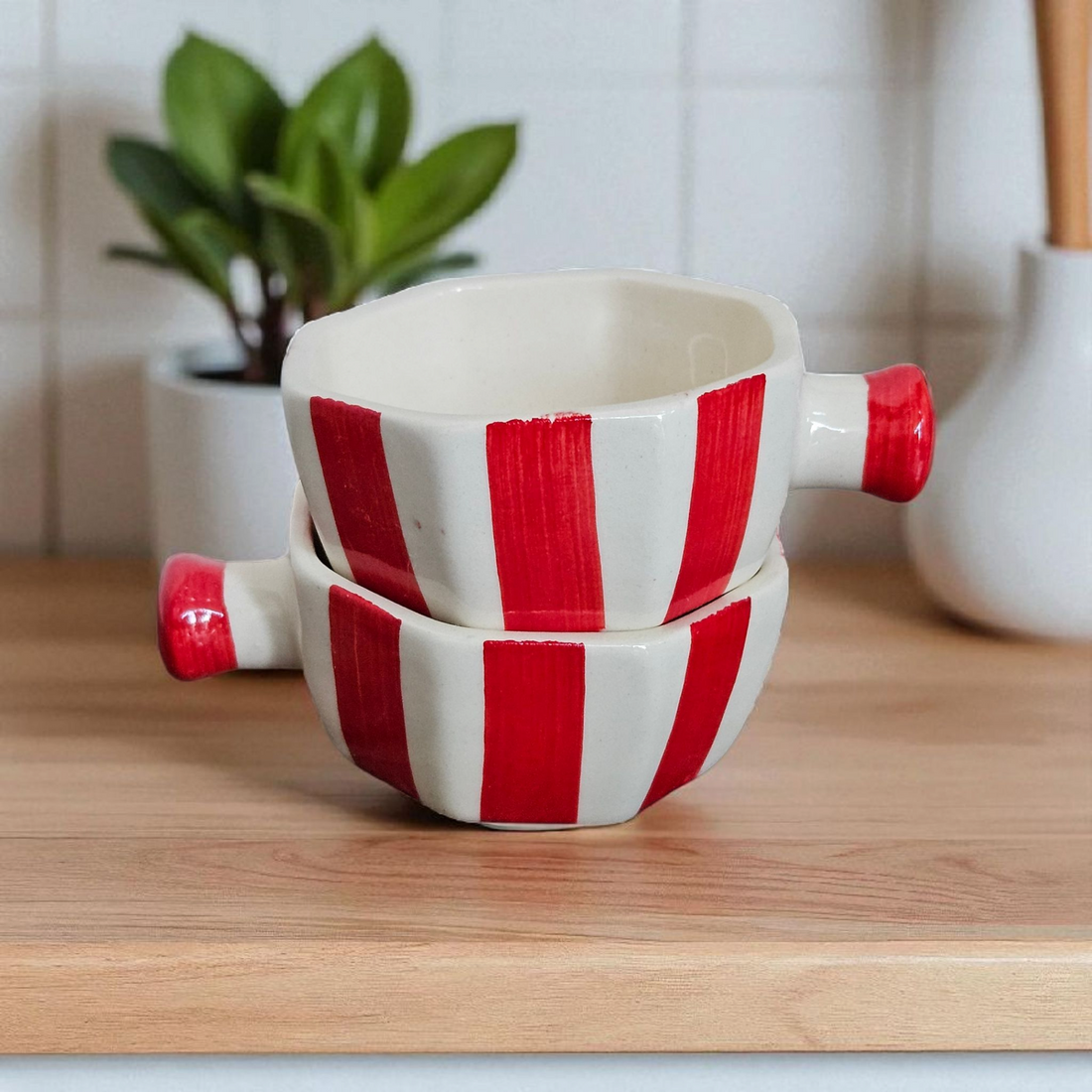 CERAMIC RED STRIP HANDLE DIP BOWL ❤️