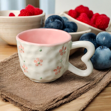 Pinteresty  Pink Heart Handle – Embossed Flower Mug (240 ML)