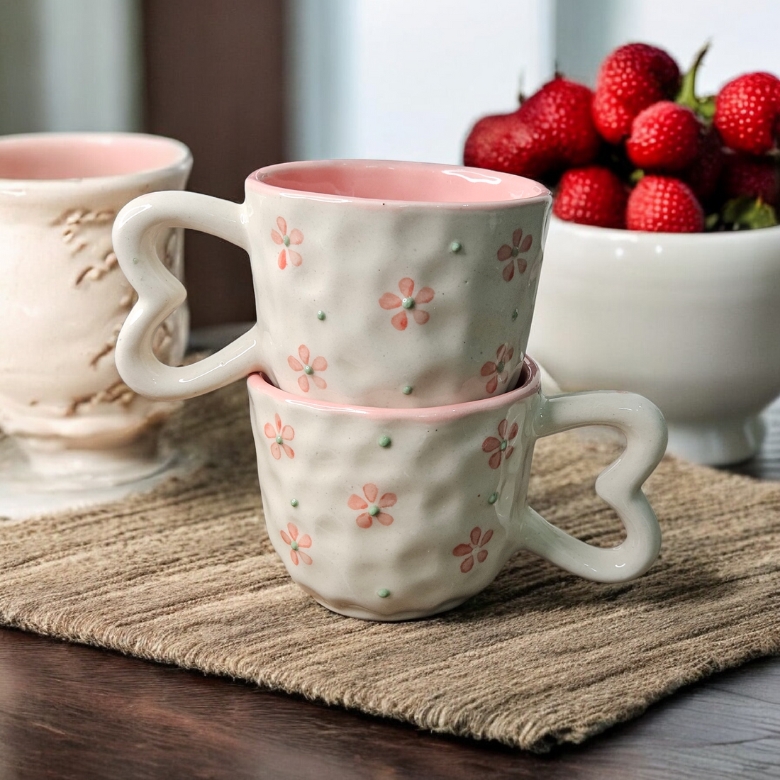 Pinteresty  Pink Heart Handle – Embossed Flower Mug (240 ML)
