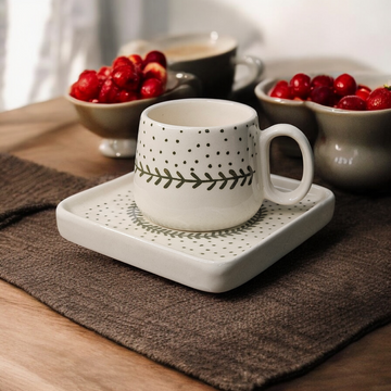 🍃 Green Dot & Leaf Hand-Painted Square Mug & Saucer – 180ML