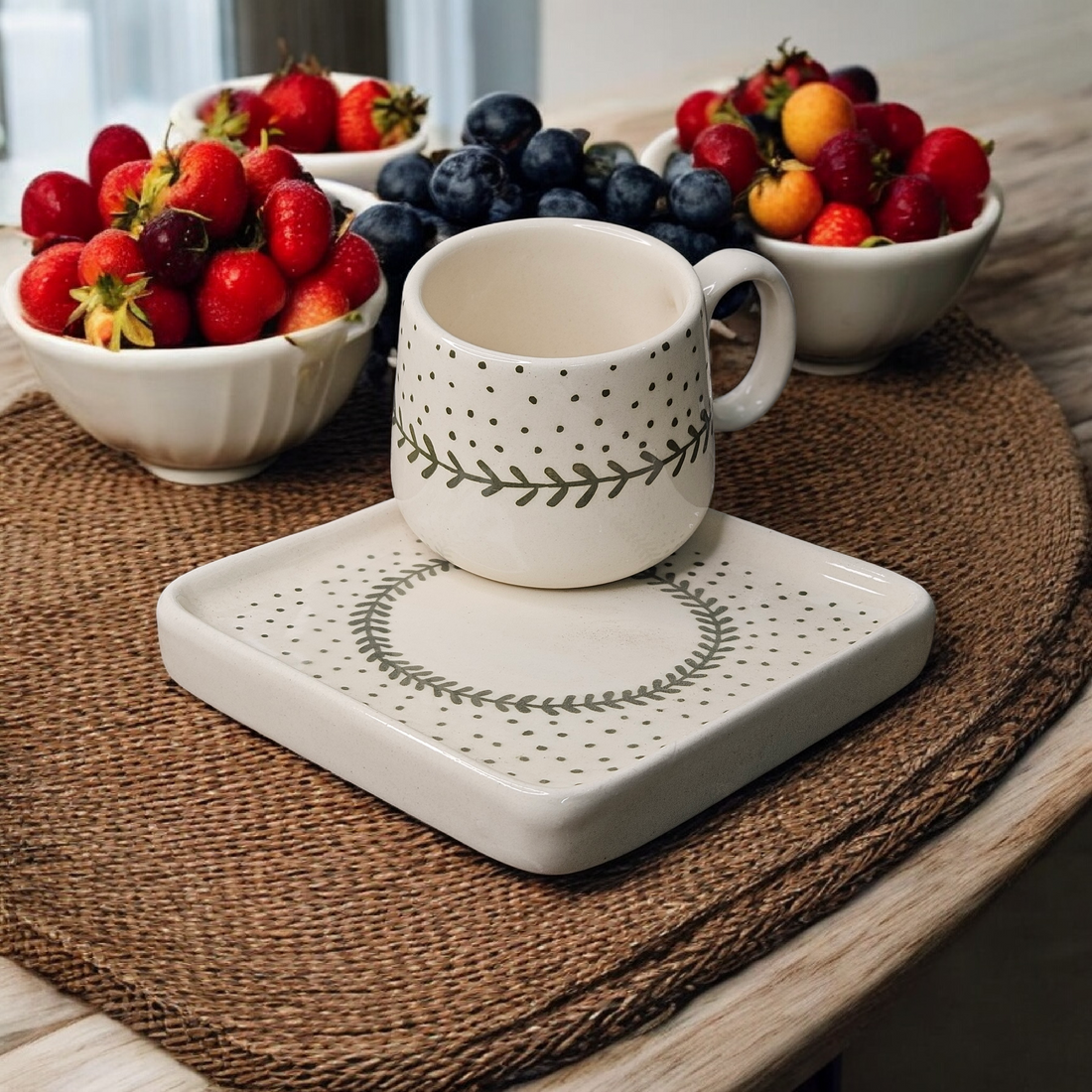 🍃 Green Dot & Leaf Hand-Painted Square Mug & Saucer – 180ML