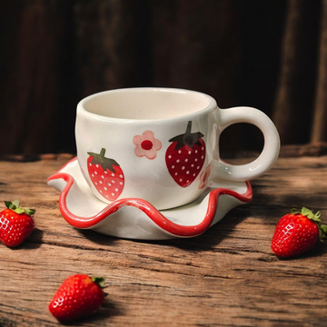 🍓 Strawberry Wavy Ceramic Cup & Saucer – 190 ml