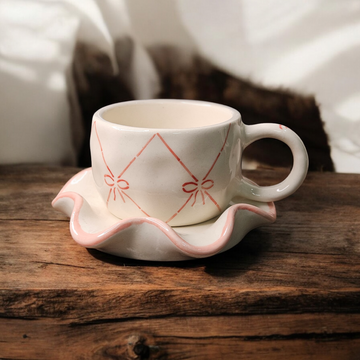 🎀 Bow Wavy Ceramic Cup & Saucer – 190 ml