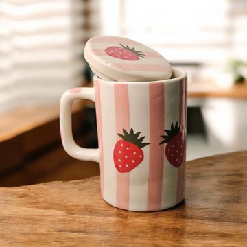 🍓 Strawberry Stripe Ceramic Mug with Lid – 280 ml