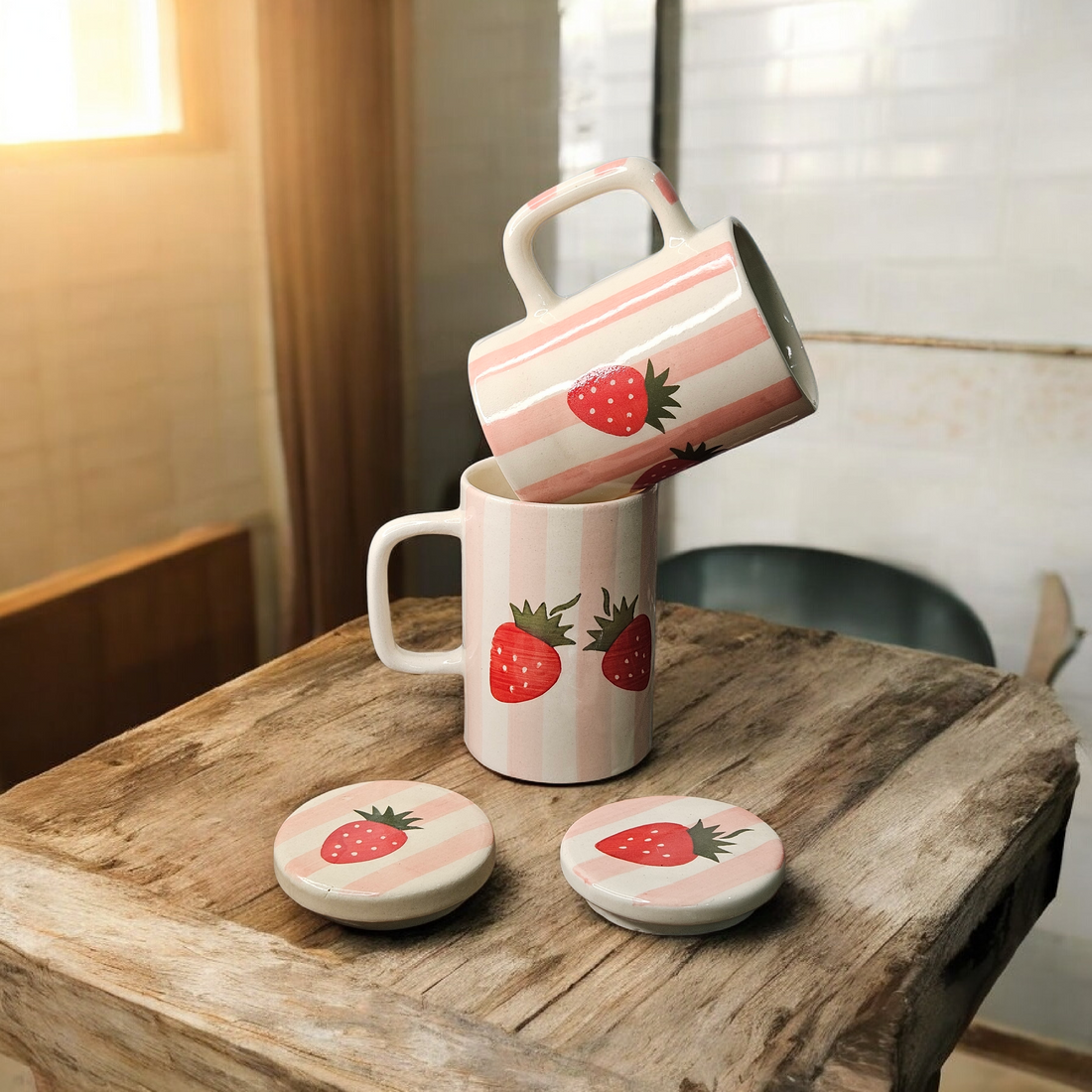 🍓 Strawberry Stripe Ceramic Mug with Lid – 280 ml