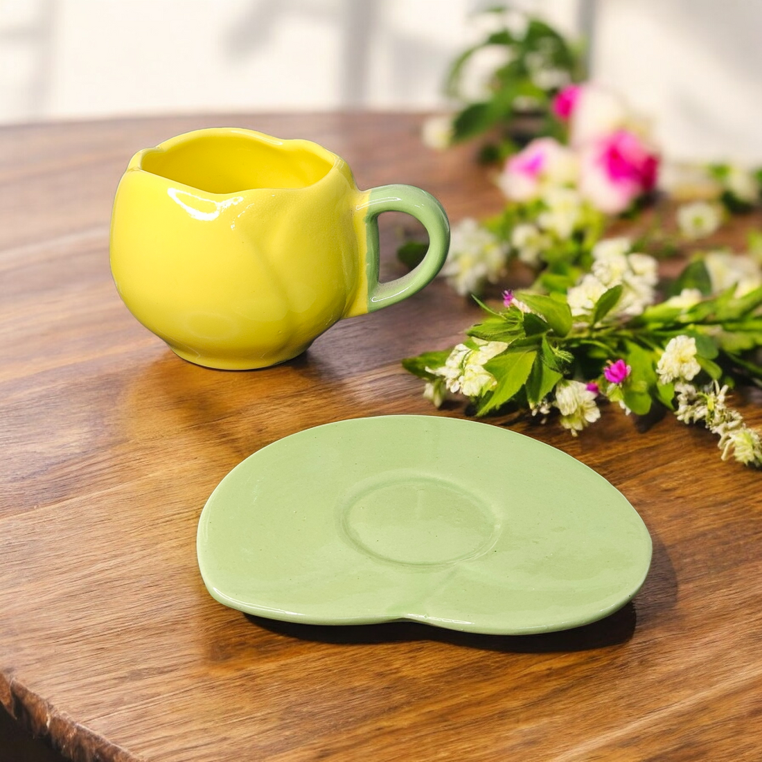 🌼 Yellow Tulip Ceramic Cup & Saucer – 260 ml