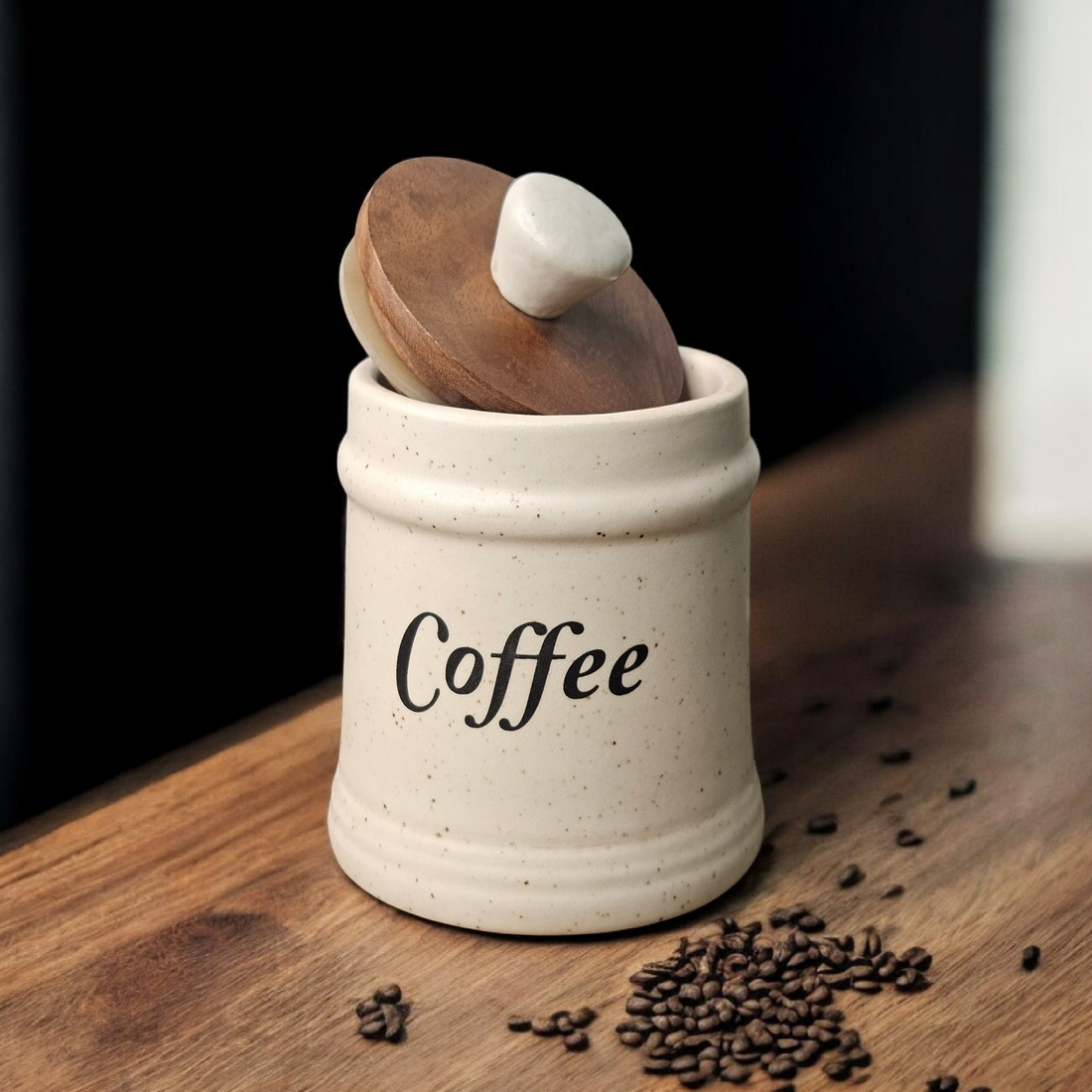 🍯Coffee Air-Tight Ceramic Jar with Wooden Lid – 380 ml