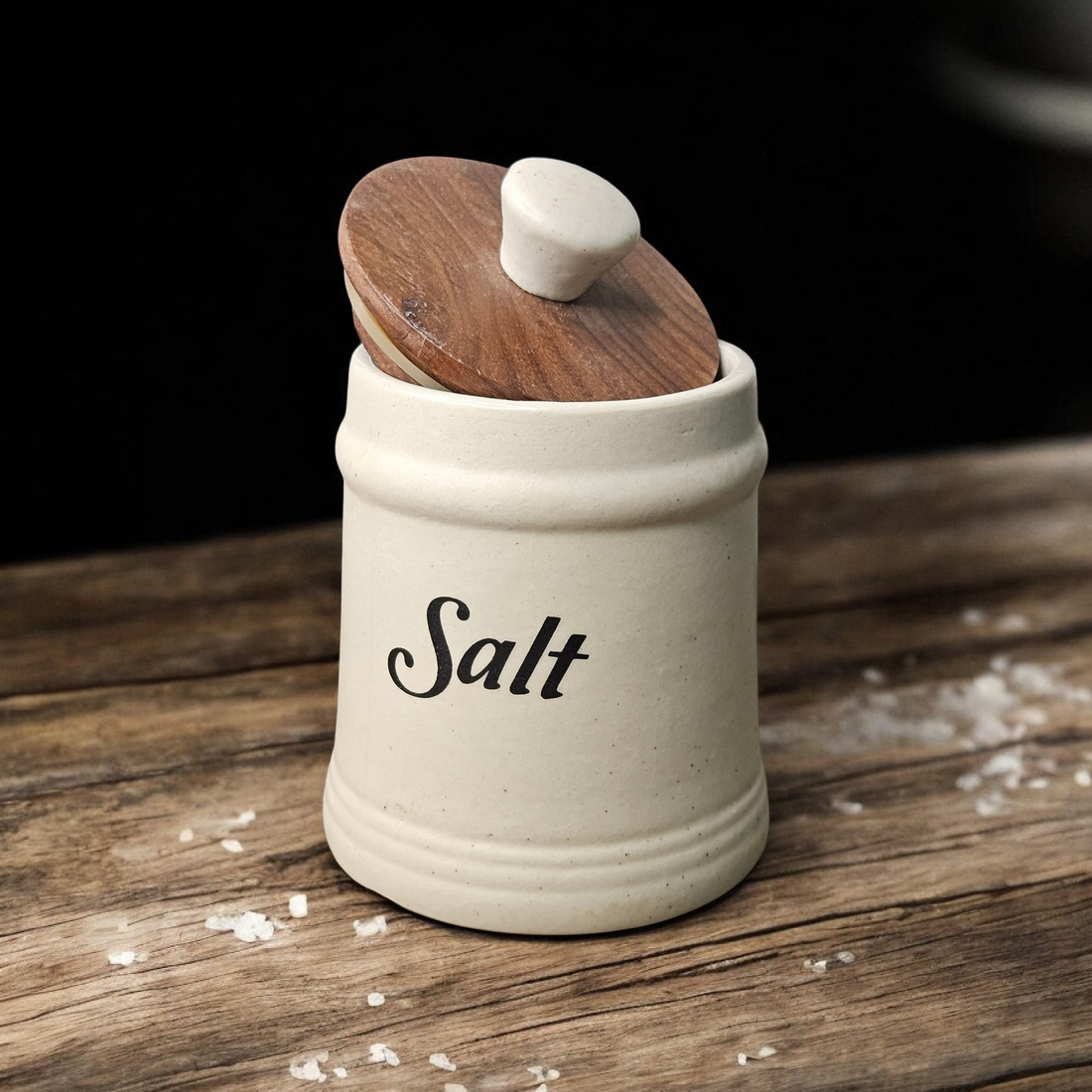 🍯Salt Air-Tight Ceramic Jar with Wooden Lid – 380 ml