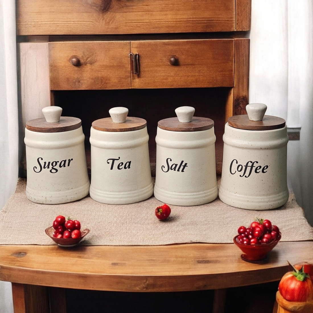 🫖 Tea, Coffee, Sugar &amp; Salt Air-Tight Ceramic Jar Set – 400 ml (Pack of 4)