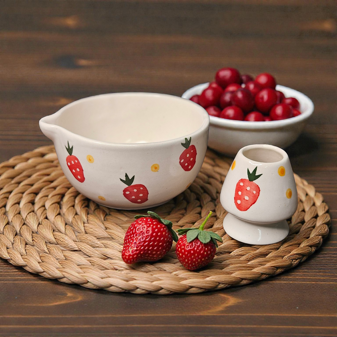 MATCHA BOWL WITH HOLDER – STRAWBERRY PRINT | 5 INCH CERAMIC