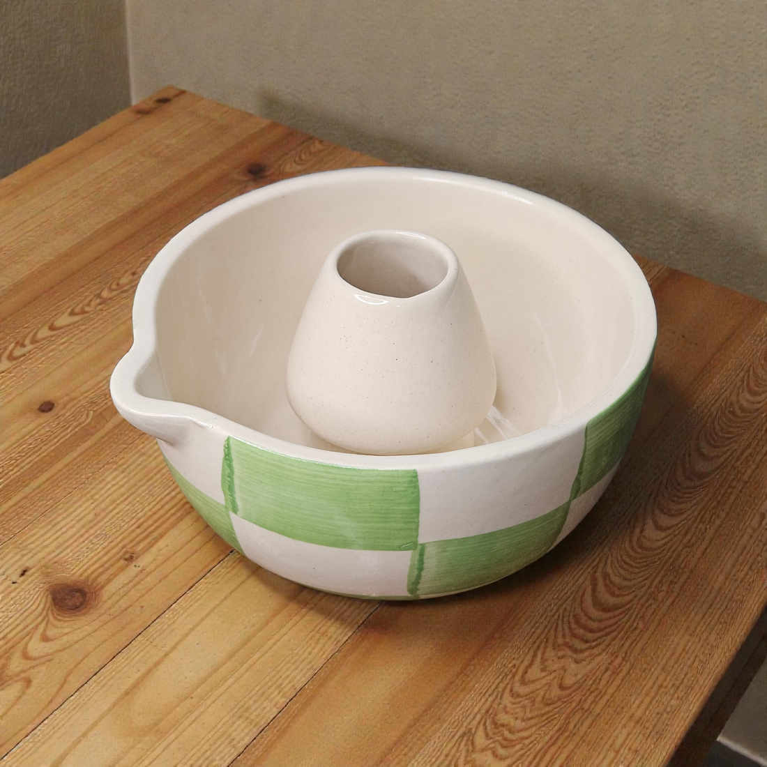 MATCHA BOWL WITH HOLDER – GREEN CHECK PRINT | 5 INCH CERAMIC