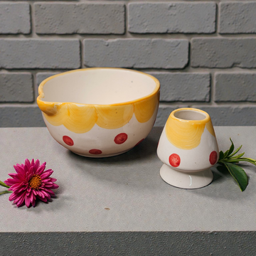 MATCHA BOWL WITH HOLDER – YELLOW &amp; RED DOT PRINT | 5 INCH CERAMIC
