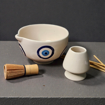 MATCHA BOWL WITH HOLDER – EVIL EYE PRINT | 5 INCH CERAMIC