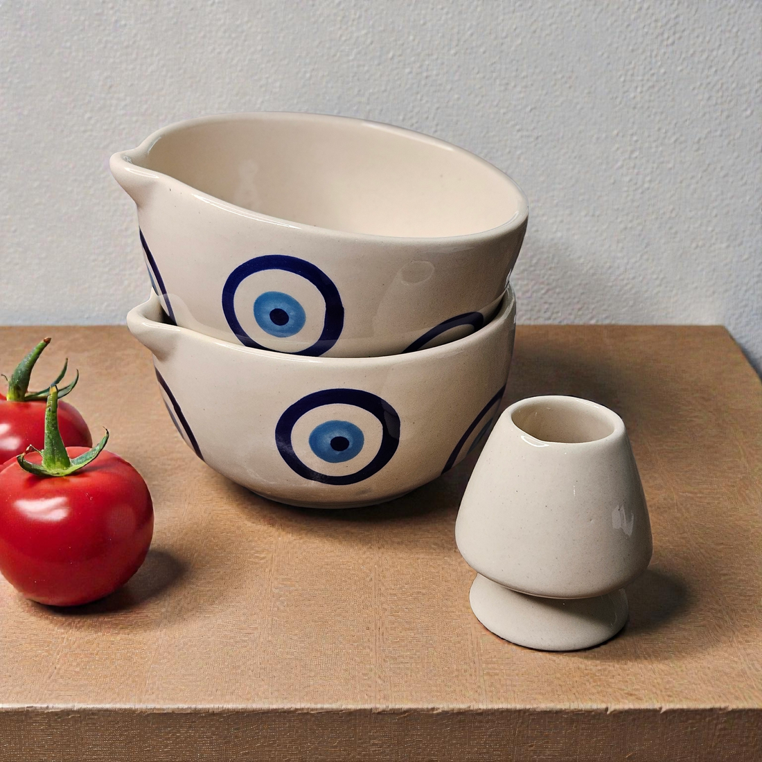 MATCHA BOWL WITH HOLDER – EVIL EYE PRINT | 5 INCH CERAMIC