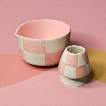 MATCHA BOWL WITH HOLDER – PINK CHECK PRINT | 4 INCH CERAMIC